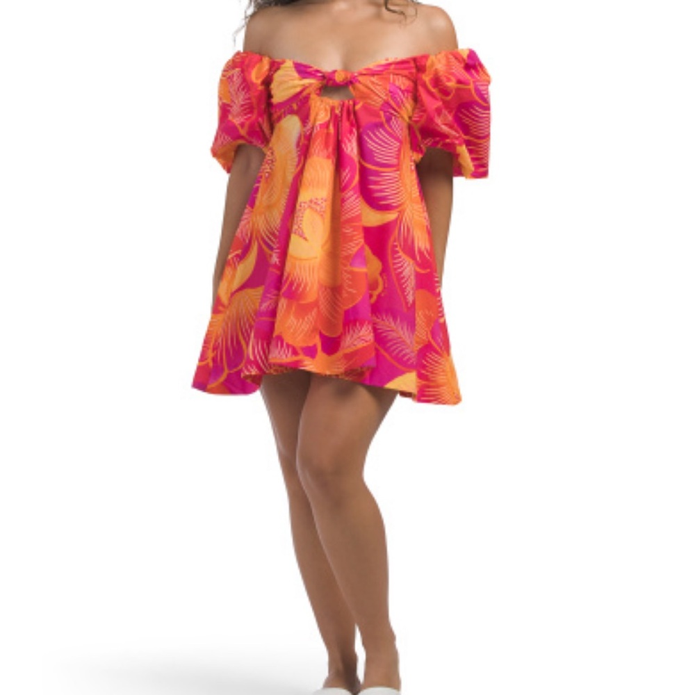 Farm Rio Orange pink floral Puff Sleeve Off the Shoulder mini Dress - Picture 7 of 8